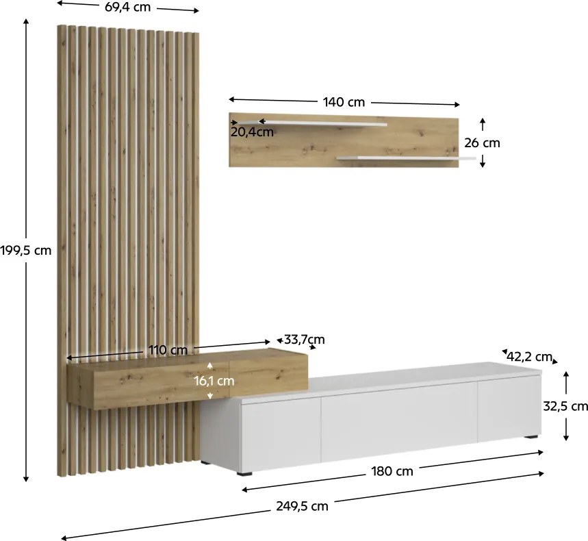 Nappali fal, fehér/artisan tölgy, REBEKA PLUS