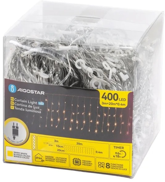 Aigostar - LED kültéri karácsonyi fényfüzér 400xLED/6W/230V/8 funkciós 20x0,4m IP44 meleg fehér