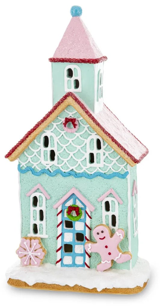 LED-es karácsonyi lámpás mézeskalács figurás kék édesség házikó és ünnepi koszorúval asztali dekoráció 32x17x10,5cm