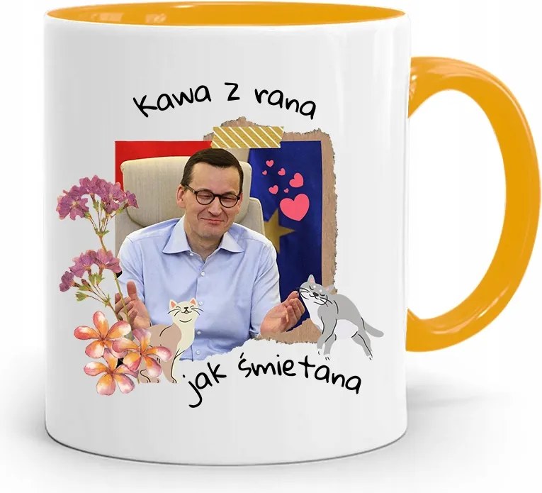 Sárga Politikus Bögre Mateusz Morawiecki Miniszterelnök fényképes nyomtatással