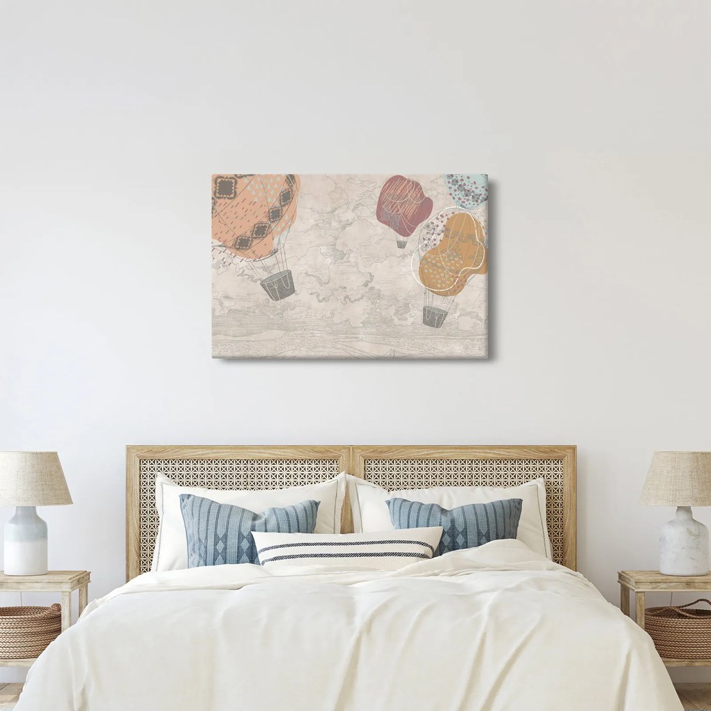 Kép - léggömbök a város felett , meleg tónusok (90x60 cm)