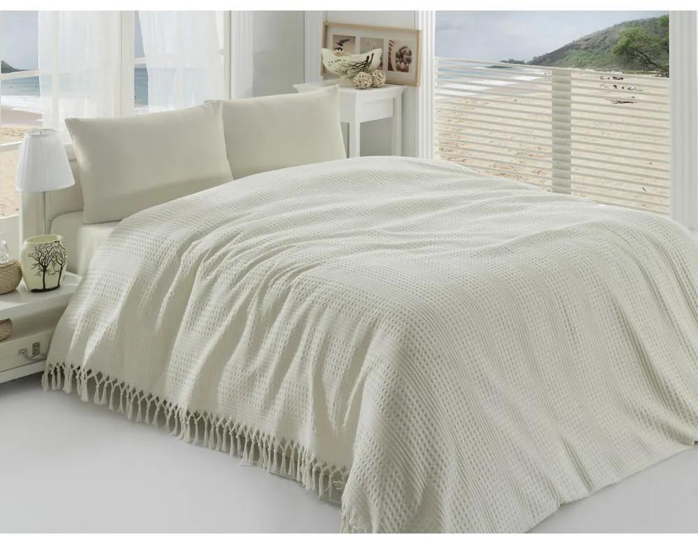 Pique krémszínű kétszemélyes pamut ágytakaró, 220 x 240 cm