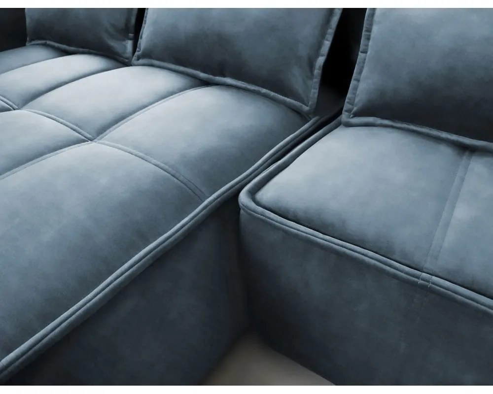 Kék bársony kinyitható-tárolóhelyes sarokkanapé (bal oldali-heverő résszel) Campo – ELTAP