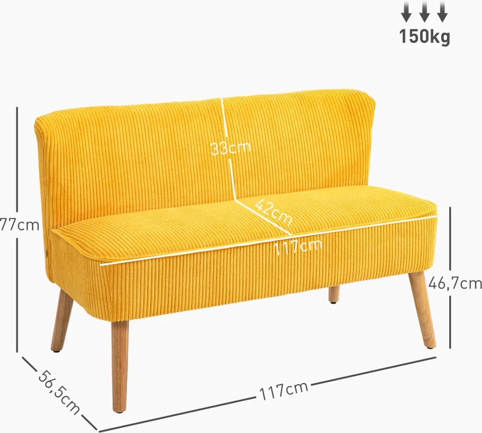 HOMCOM kétszemélyes kanapé, elegáns skandináv dizájn, tömörfa váz, 150 kg-ig, sárga