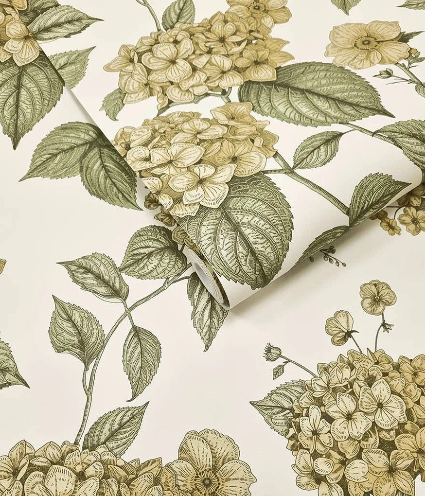 Holden Decor Wanderlust Hortensia okkersárga-zöld virágos vlies tapéta – 92122