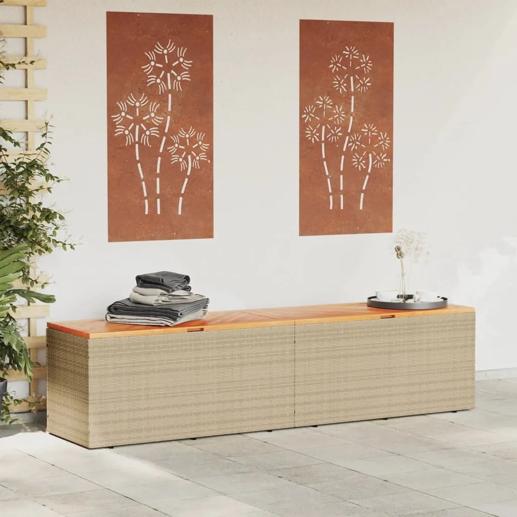 bézs polyrattan és akácfa kerti tárolóláda 220 x 50 x 54 cm