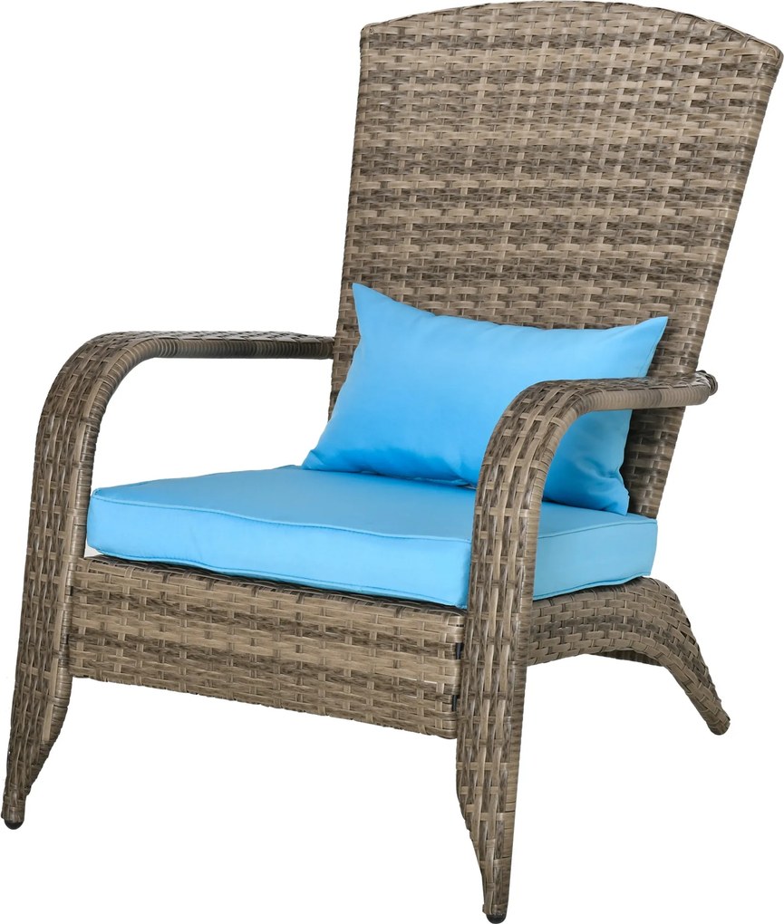 Outsunny Adirondack Kertiszék Karfákkal és Párnákkal, Rattan és Acél Szék Belső és Külső Használatra, 64x80x90 cm, Barna és Kék | Aosom