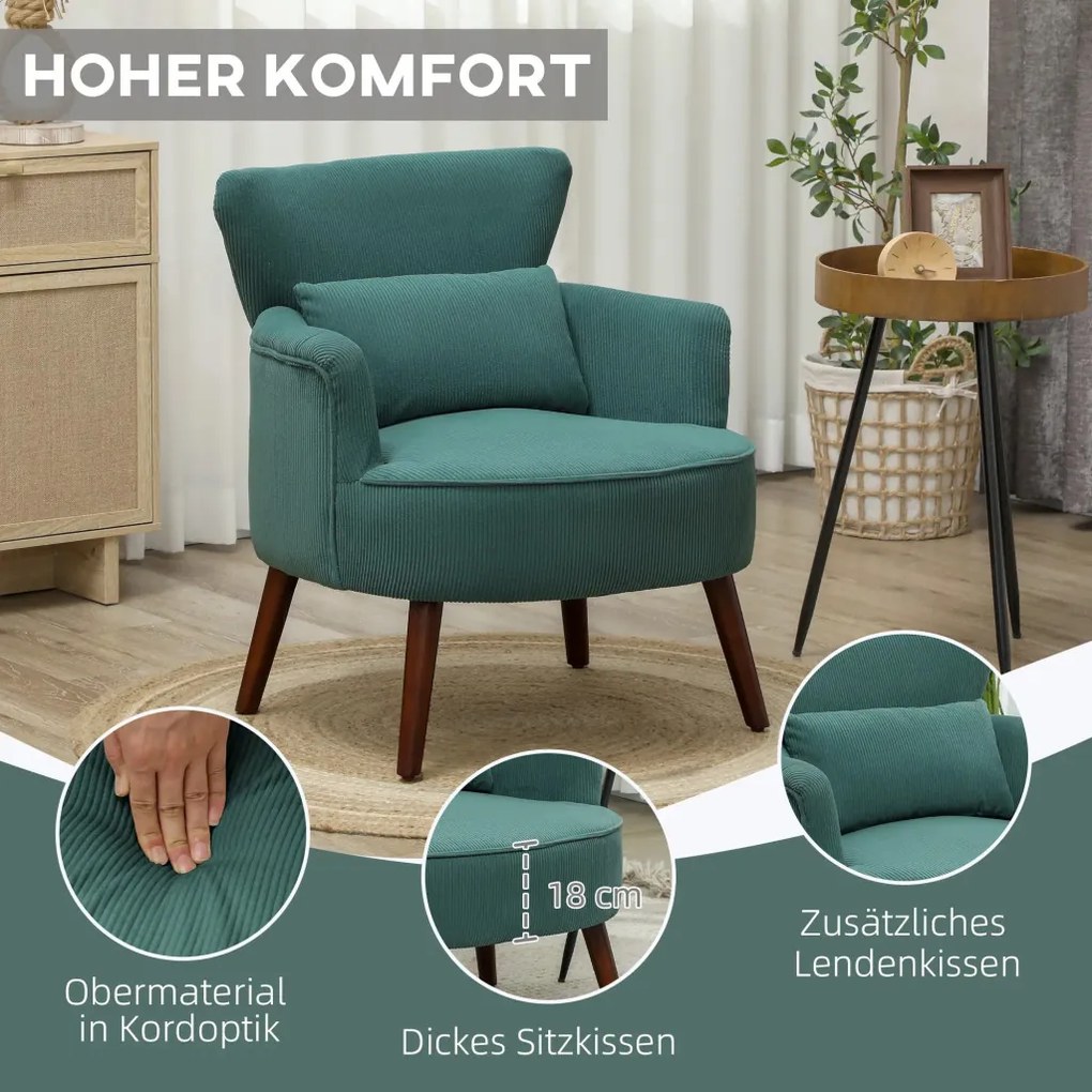 HOMCOM Modern fotel, kárpitozott kiegészítő fotel ágyéki párnával, gumifa lábak, sötétzöld