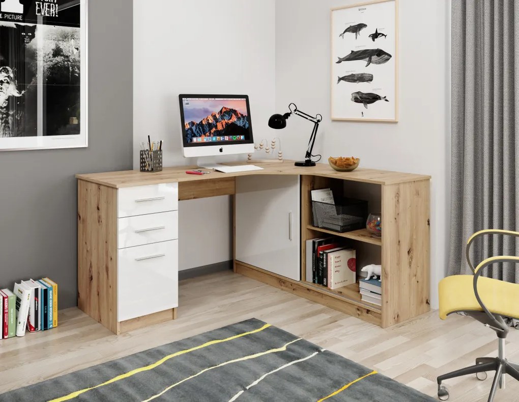 Birou în culoarea stejar Artisan / alb lucios. Polița poate fi montată exclusiv pe partea stângă. Grosimea plăcii de mobilier: 18 mm
