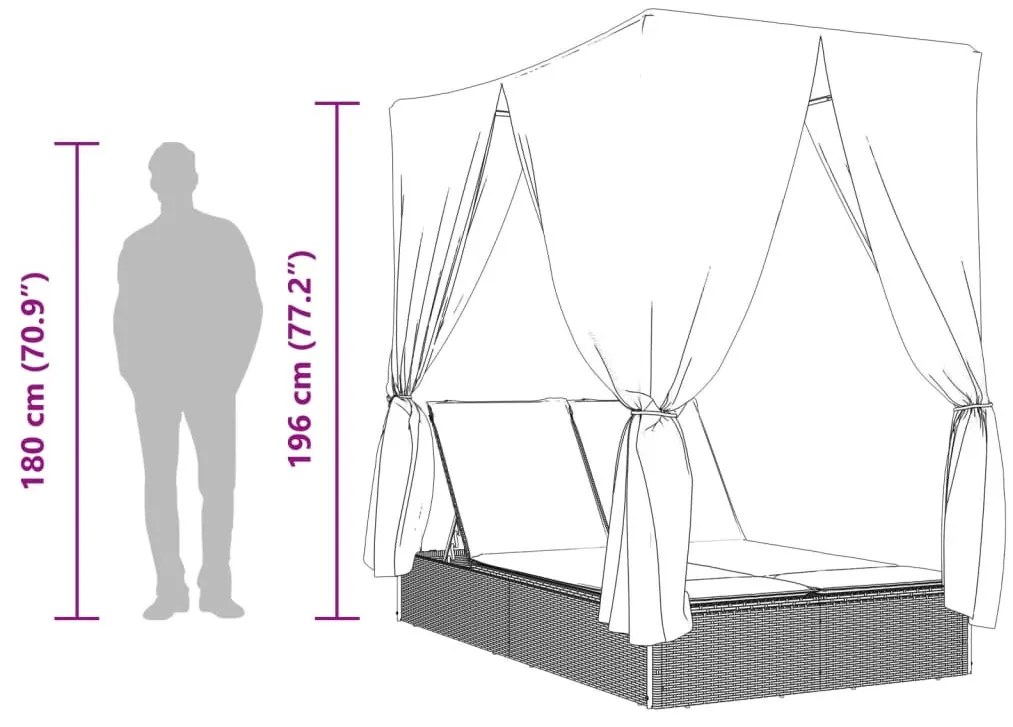 bézs polyrattan dupla napozóágy tetővel és függönyökkel