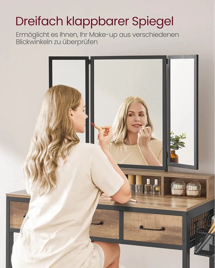 Fésülködő asztal párnázott székkel, fésülködő asztal tükörrel, tölgy barna/fekete
