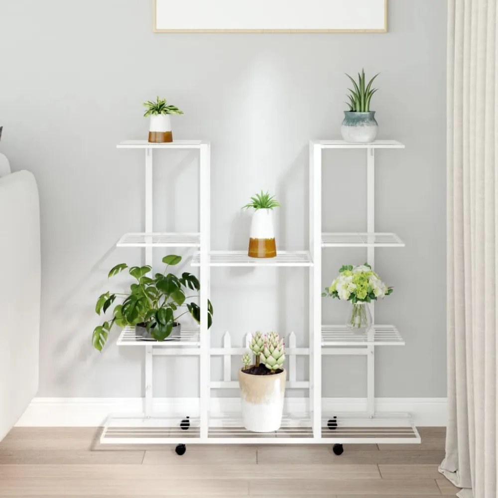 fehér vas virágtartó állvány kerekekkel 94,5 x 24,5 x 91,5 cm