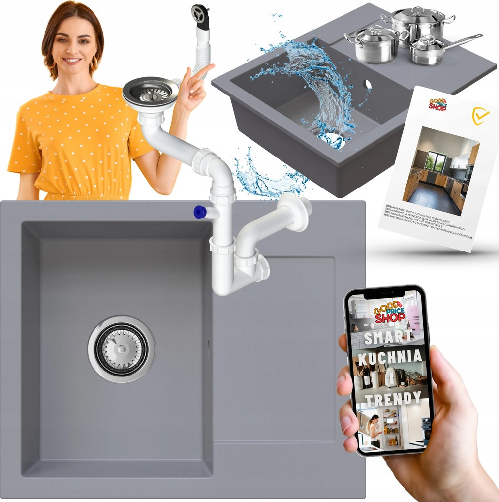 Egymedencés Gránit Mosogató Csepegtetővel Szürke Szifon Króm 6in1