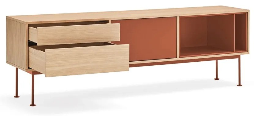 Yoko téglavörös TV-állvány tölgyfa dekorral - Teulat