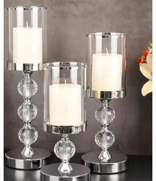3 db-os, fényes króm gyertyatartó szett