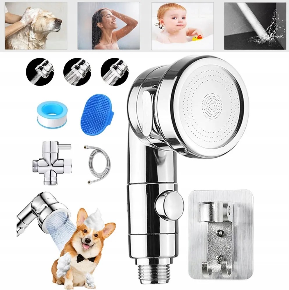 Zuhanyfej Zuhanyzáshoz 3 Üzemmód Rozsdamentes Acél Gumikefével