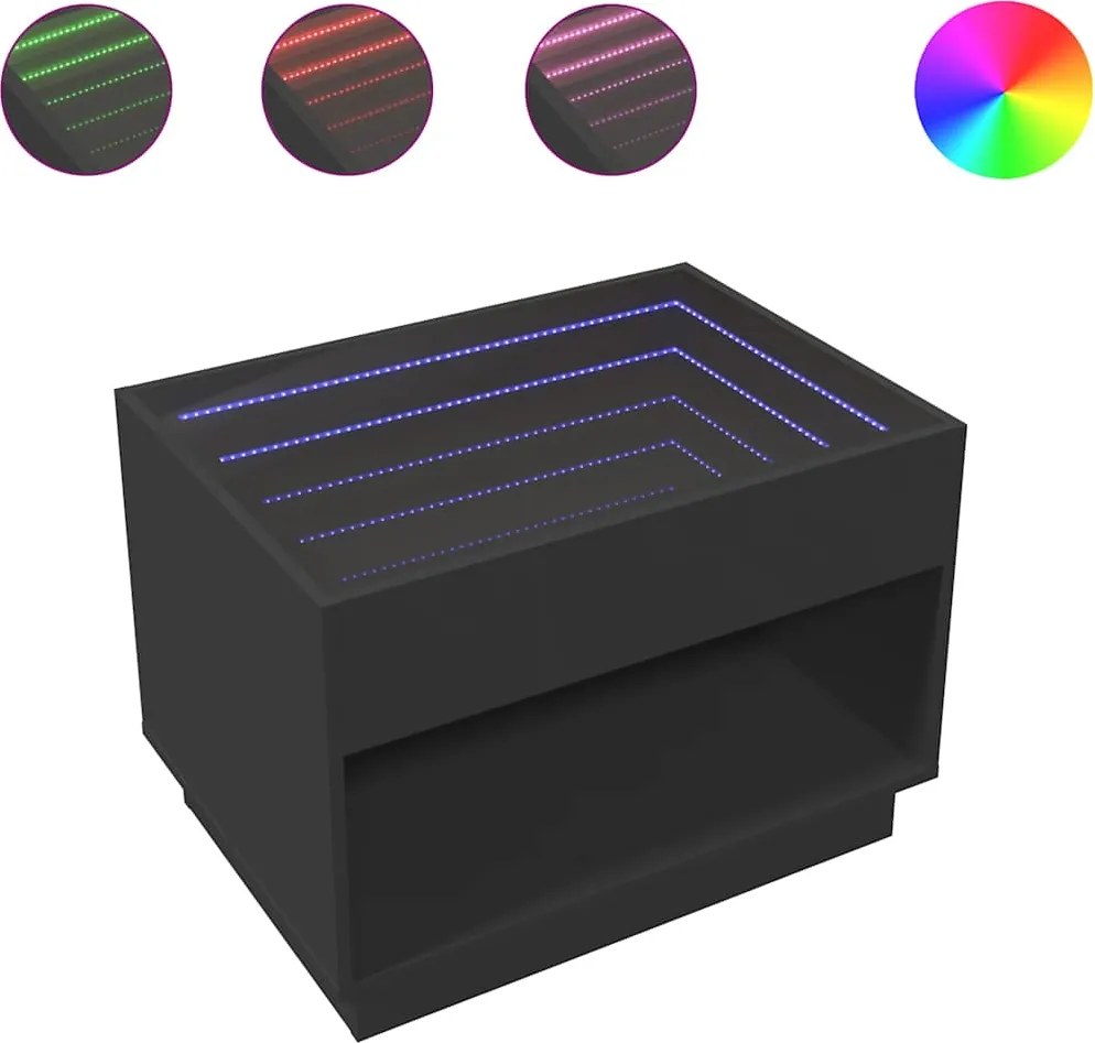 vidaXL fekete végtelen hatású LED-es dohányzóasztal 70 x 50 x 50 cm
