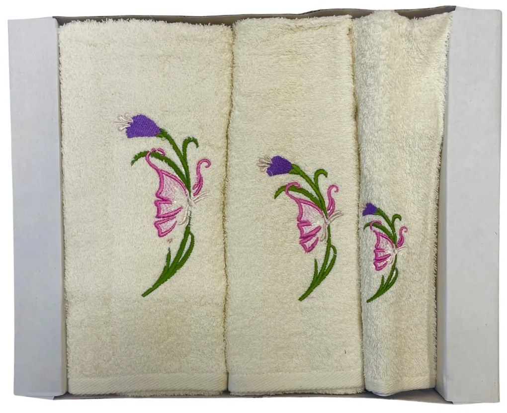 Ajándékcsomag 3 db 70x140 cm-es fürdőlepedőből és 50x100 cm-es, valamint 30x50 cm-es törölközőkből,tejszínes színben, TiaHome