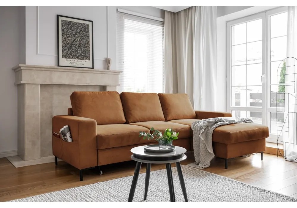 Narancssárgásbarna kordbársony kinyitható sarokkanapé (jobb oldali) Lofty Lilly – Miuform