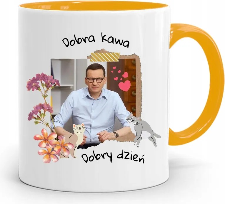 Sárga Politikus Bögre Mateusz Morawiecki Miniszterelnök fényképes nyomtatással