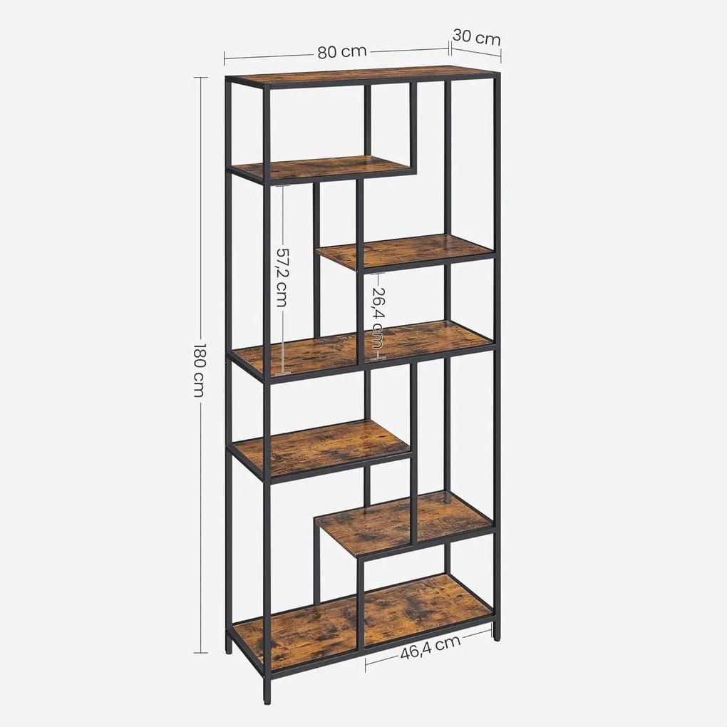 Könyvespolc, 6 szintes könyvespolc 30 x 80 x 180 cm, rusztikus barna és fekete