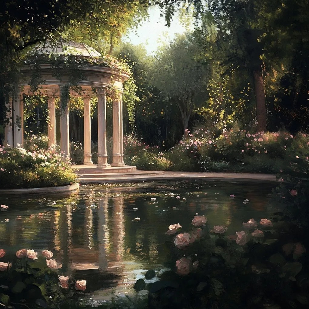 Vászonkép Canvas Tájkép Kert Park Pavilon Tó Virágok Rózsák 40x40