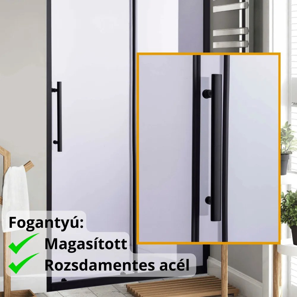 Stuxi Nizza Black 110 cm széles toló zuhanyajtó 6 mm vastag vízlepergető biztonsági üveggel, fekete elemekkel, 200 cm magas
