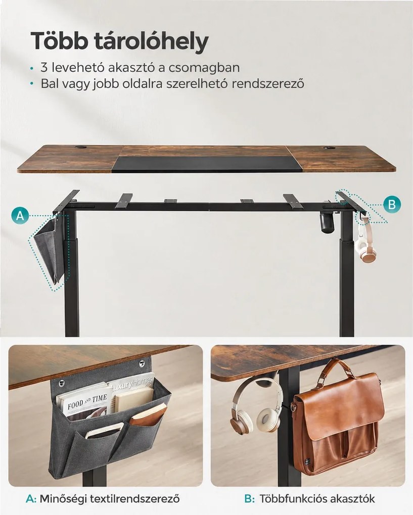 Elektromosan állítható íróasztal, 160 x 70 cm, 72–120 cm, 4 memóriahellyel, vintage barna/fekete