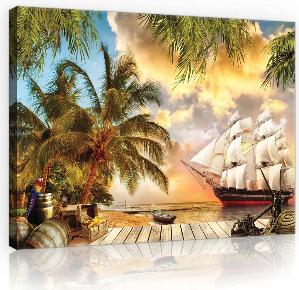 Vászonkép 60x40 Trópusi sziget tenger vitorlás pálmafák kincs nap utazás