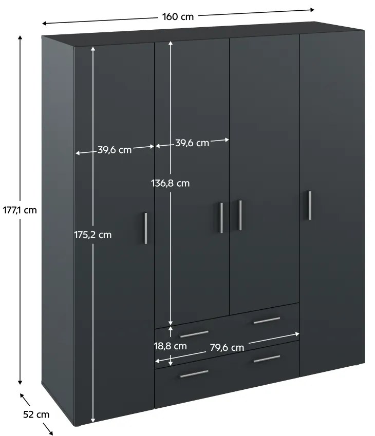Ruhásszekrény, négyajtós, grafit , KORNY