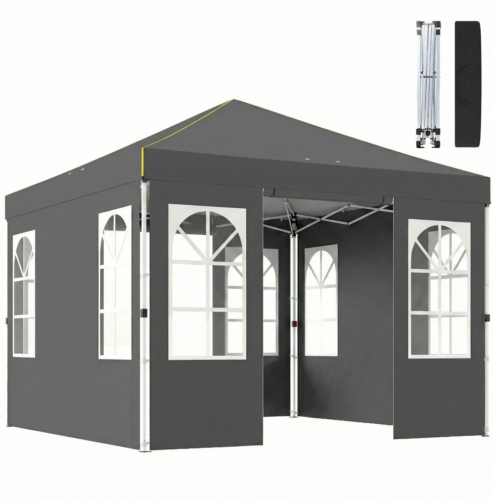 Outsunny 3 x 3 m vízálló pop-up pavilon — összecsukható kerti parti sátor, téltűrő, egygombos gyors beállítás, UV50+, oldalfalakkal és rögzítő készlet