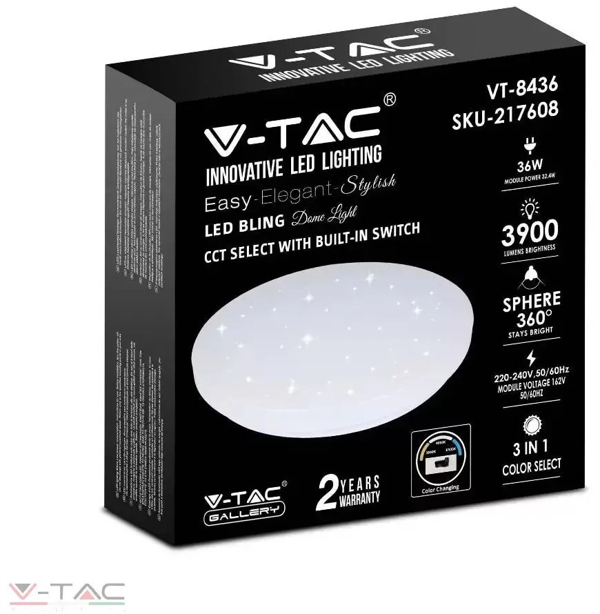 V-Tac 48 Cm 36W LED Csillogó Búrás Kör Mennyezeti Lámpa Állítható Színhőmérséklet -tel 3900 Lumen