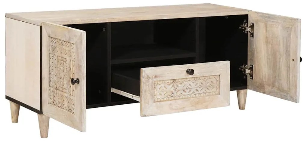 TV szekrény fiókkal Fehér 105 x 33 x 46 cm tömör mangófa