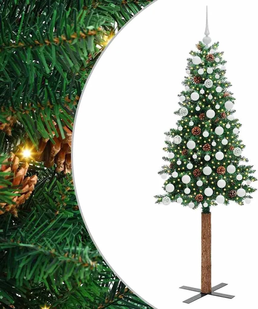 vidaXL Karcsú karácsonyfa 300 LED-del Zöld 180 cm PVC és tömör fenyőfa