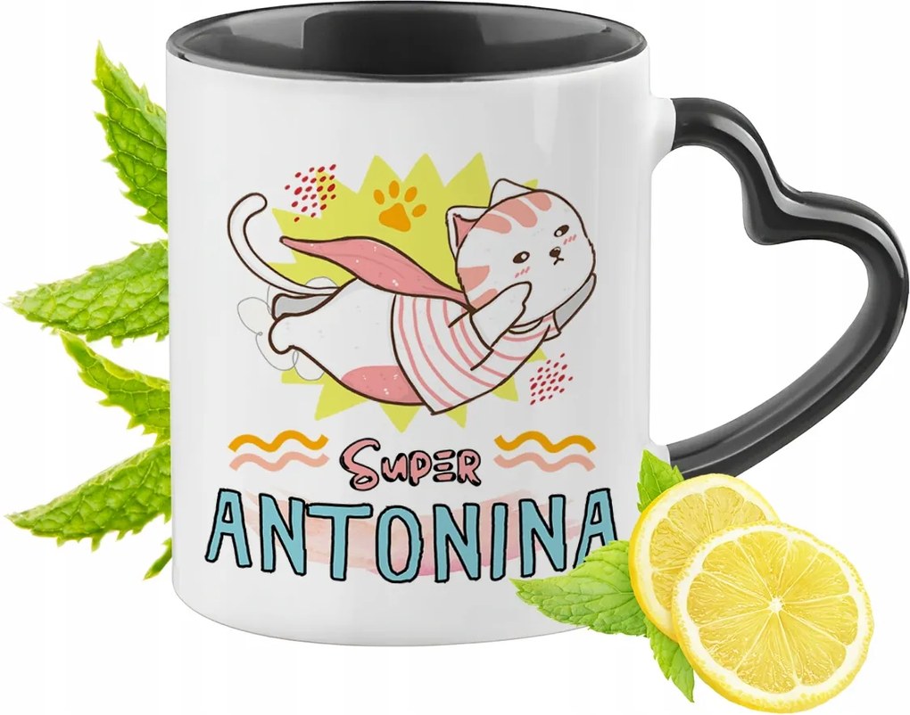 Fekete bögre szív alakú füllel Antonina számára Ideális Ajándék