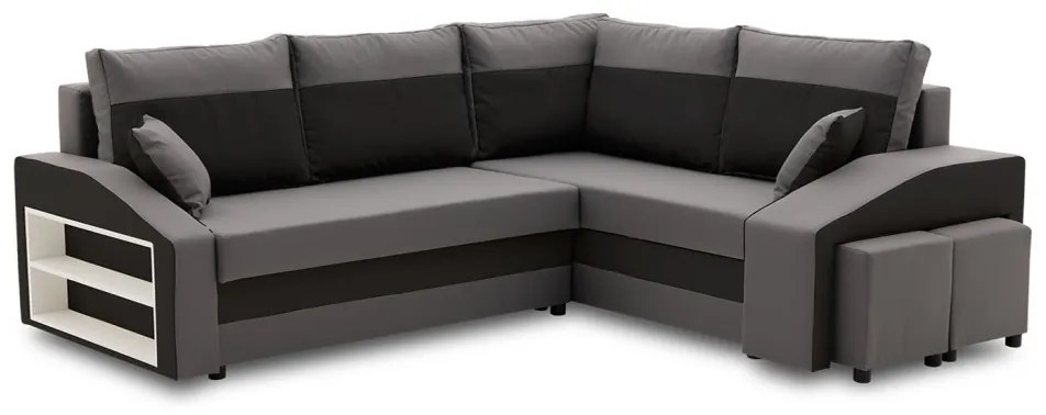 Grande sarokkanapé polcokkal és puffokkal , polc a bal karfaban puffok a jobb karfaban, jobboldali, szövet anyag, hab töltet, szürke - fekete