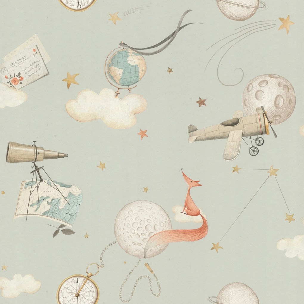 Gyerek tapéta flizelin kék kozmosz rókák repülőgépek tartós Rasch