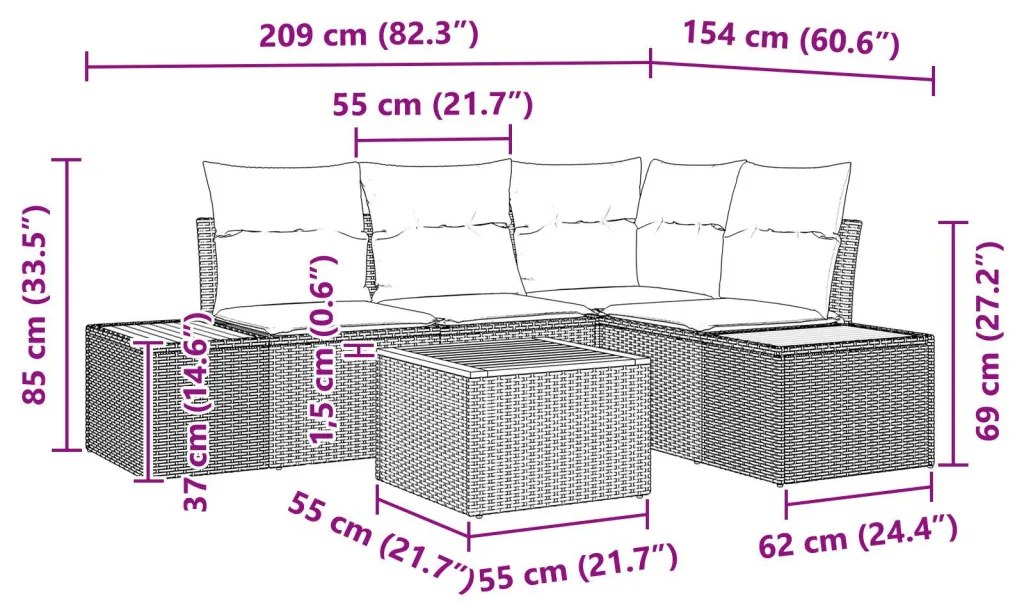 5 darabos Kerti Kanapé Szett Párnákkal Szürke Poli Rattan Akácfa
