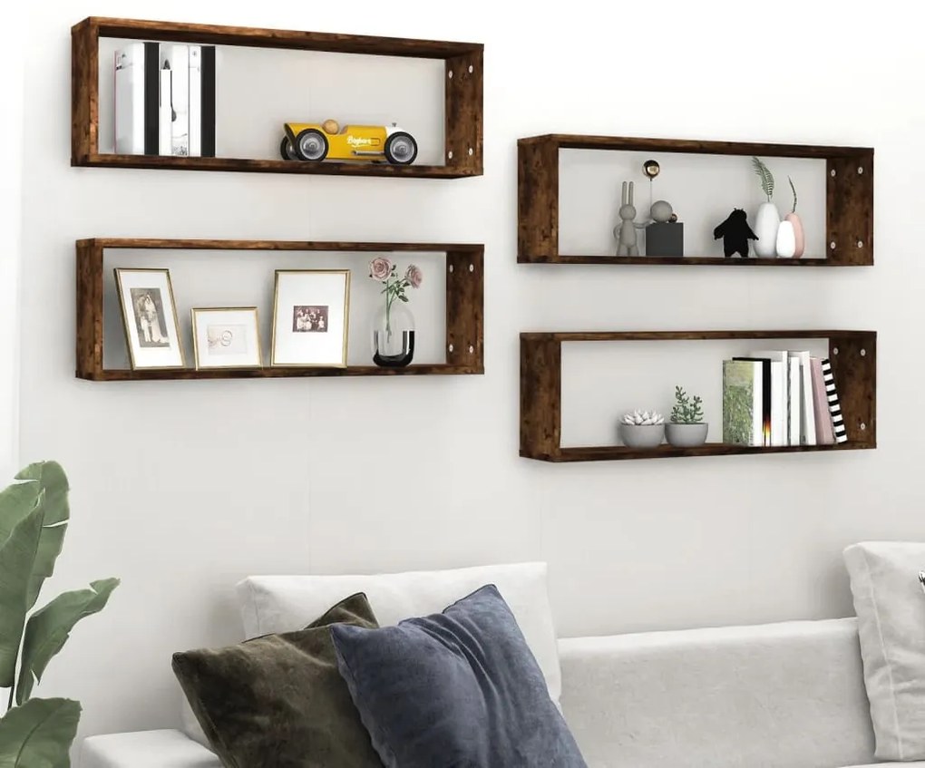 4 db füstös tölgy színű szerelt fa fali kockapolc 80x15x26,5 cm