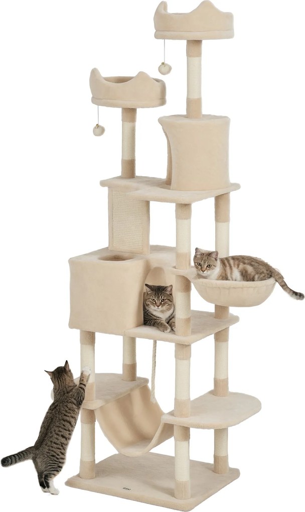 PawHut Nagy Macska Karcoló 206 cm Magas Macska Fa Torony Platformokkal, Barlangokkal, Függő Labdákkal és Hummockokkal - Bézs | Aosom