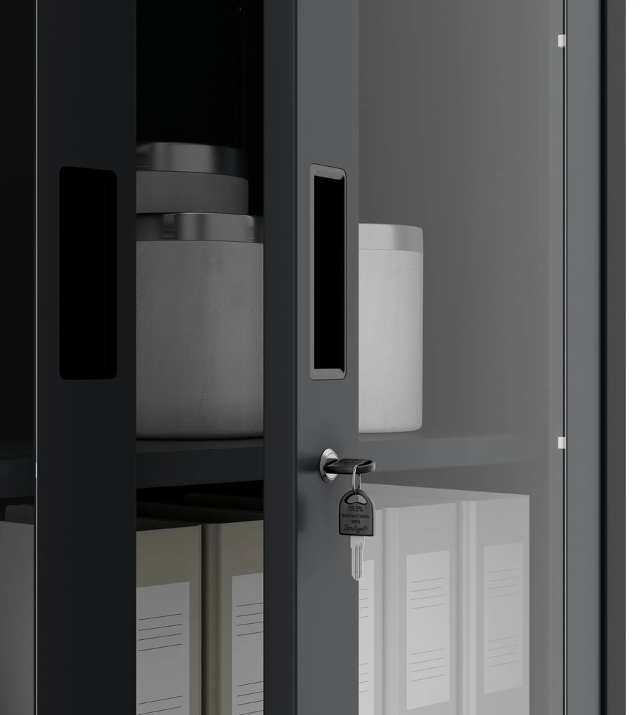 Fém iratszekrény széffel, vitrinnel és fiókokkal FILIP, 900 x 1850 x 400 mm, antracit