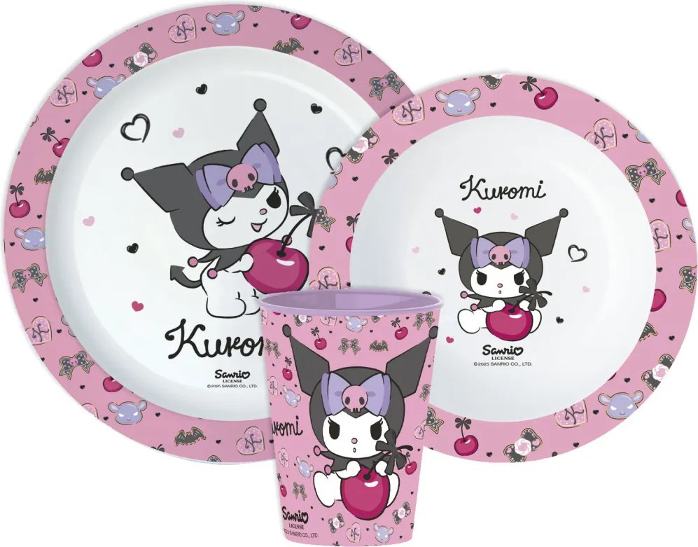 Hello Kitty Kuromi étkészlet, micro műanyag szett, pohárral 260 ml