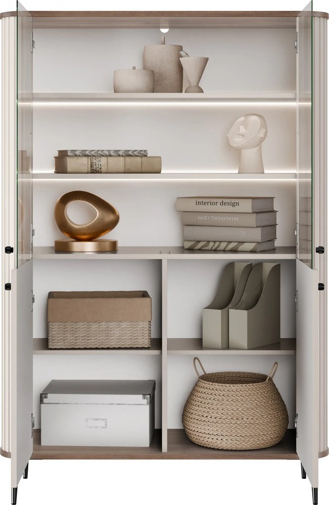 Vesper négyajtós vitrin 103 cm - kasmír / dió / fekete lábak