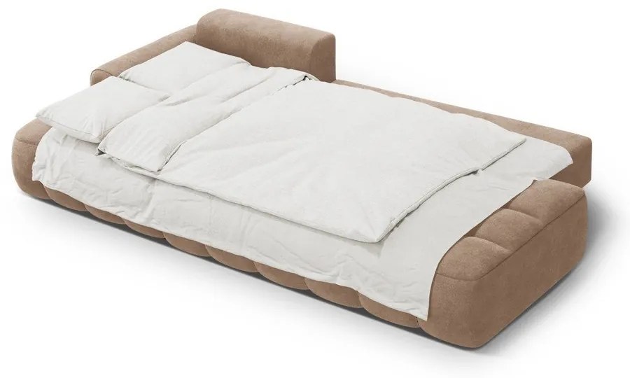 Világosbarna bársony kinyitható-tárolóhelyes sarokkanapé (bal oldali-heverő résszel) Linz – Cosmopolitan Design