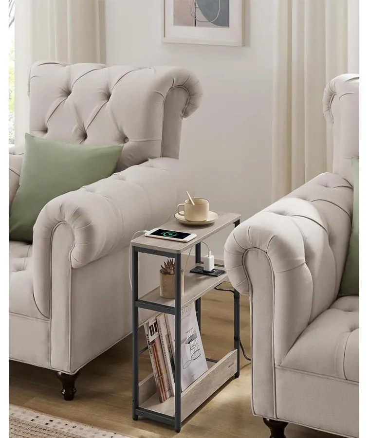 Keskeny oldal asztal töltő funkcióval 3 polcos, 18 x 45 x 58 cm Greige szürke fekete lábakkal