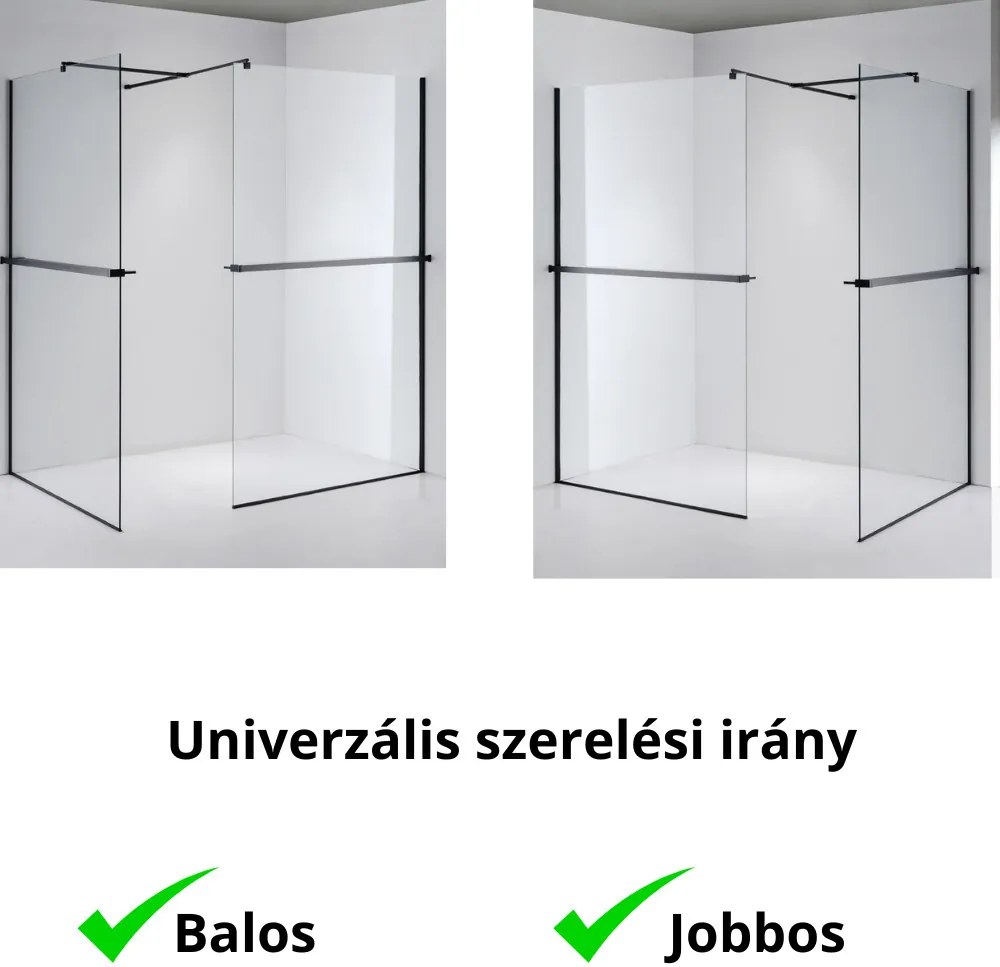 Stuxi Milano Kombi Plus 2 Black Walk-in zuhanyfal, 120x80 cm, 8 mm vastag vízlepergető biztonsági üveggel, 2 polccal és törölközőtartóval