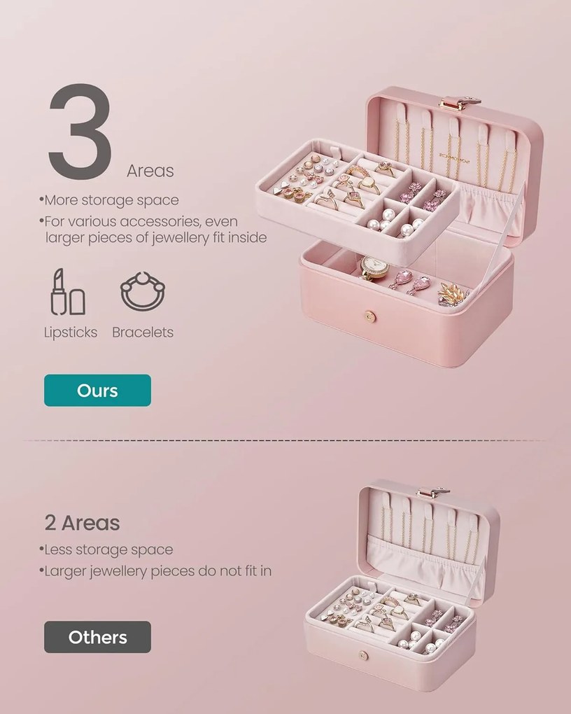 Ékszerdoboz, 2 szintes tároló, 11 x 16 x 8 cm, rózsaszín