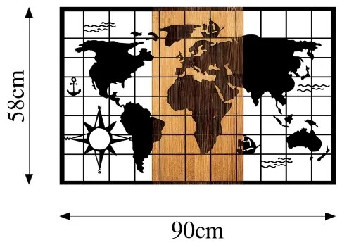 Fali dekoráció 90x58 cm fa/fém térkép