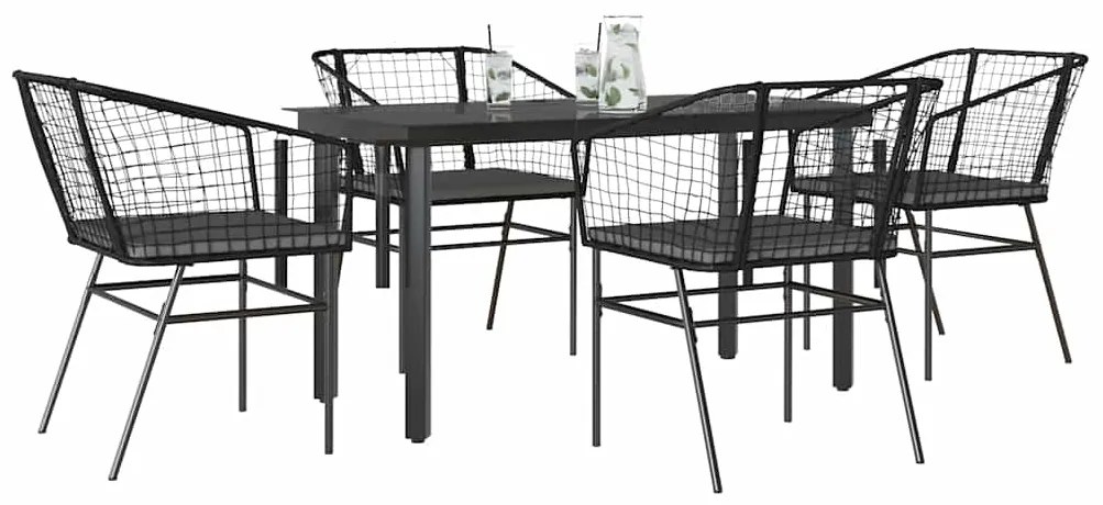 vidaXL 5 részes fekete polyrattan üveg kerti étkezőgarnitúra párnákkal