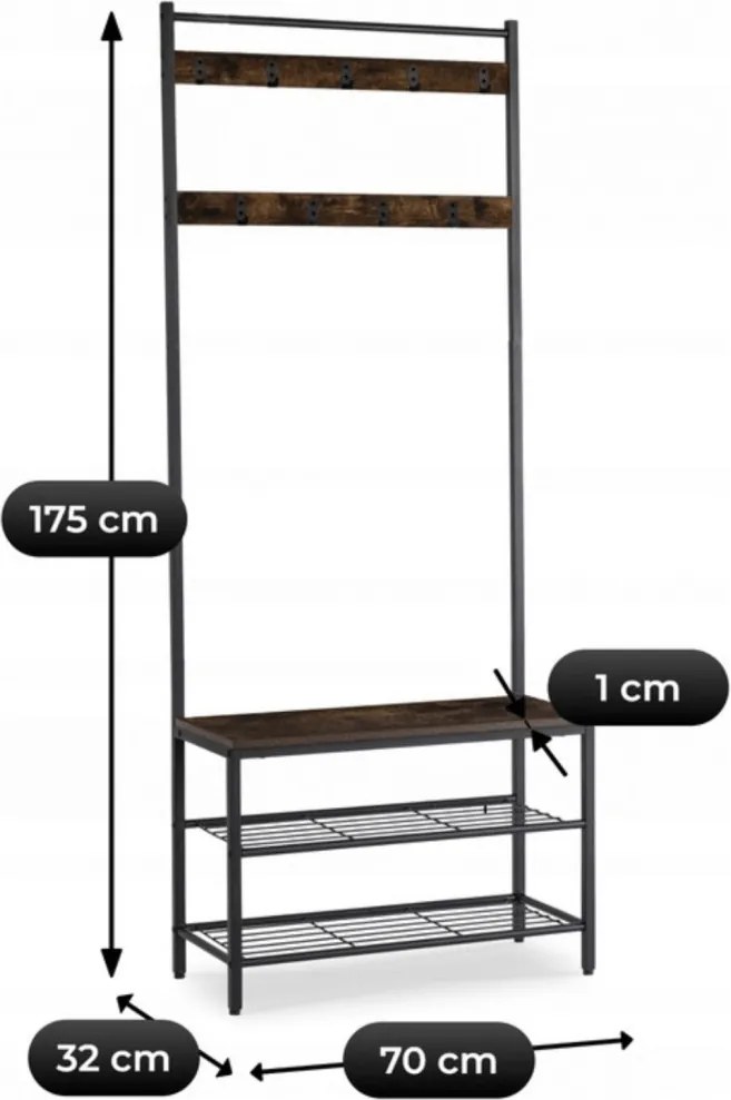 Előszobai fogas 70 cm méretben, polcos kivitelben, rusztikus tölgy/fekete színben JETT